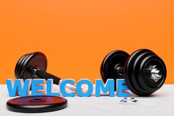 Obraz na płótnie Canvas The inscription welcome on the background of a black metallic dumbbell on a orange background. sports invitation