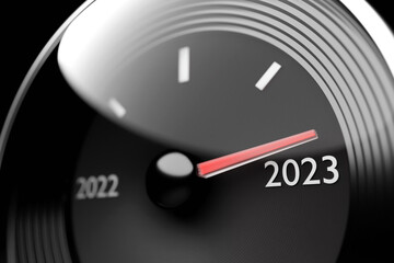 Naklejka premium Black dashboard, speedometer showing the year 2022,2023. 3D illustration