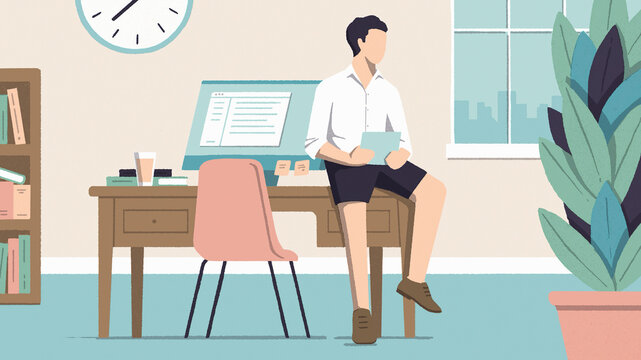 Man perching on office desk wearing shorts