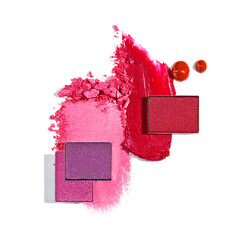 Creative beauty fashion concept photo of cosmetic products lipstick eyeshadows swatches on white background.