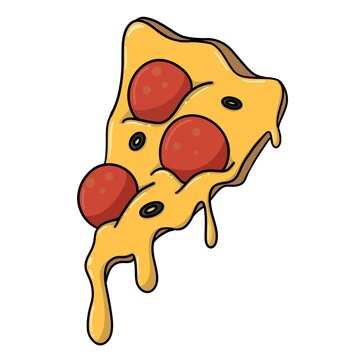 Cartoon or comics Pizza slice with melted cheese and salami or pepperoni illustration with outline or contour. Fast food. Isolated. Pizza Slice. Traditional Snack for Menu Restaurant.