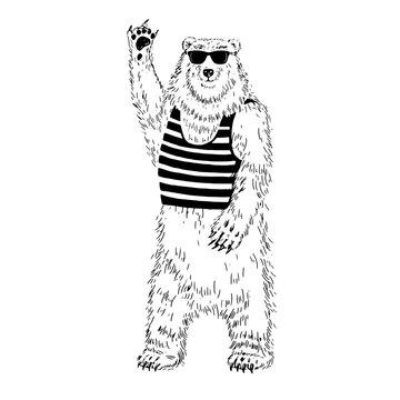 Vector illustration of a bear in glasses at the sea. Sailor bear.