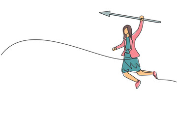 Continuous one line drawing of young female worker holding arrow spear to hit target. Success business manager minimalist concept. Trendy single line draw design vector graphic illustration