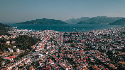 A beautiful city by the sea. Little houses. Evening in Turkey. Sunny evening. Beautiful nature. Small resort town by the sea.