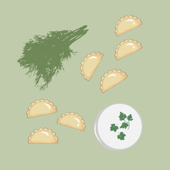 Cartoon dumplings with sour cream isolated on green background. Vector illustration.