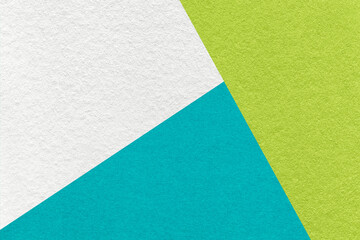 Texture of craft white, green and cyan shade color paper background, macro. Structure of vintage abstract cardboard