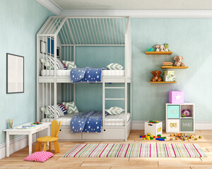 Sunny children room with white bunk bed and lot of toys in baskets and on the floor, 3d illustration - obrazy, fototapety, plakaty
