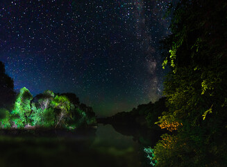 Milky Way and static stars over the waters of the river