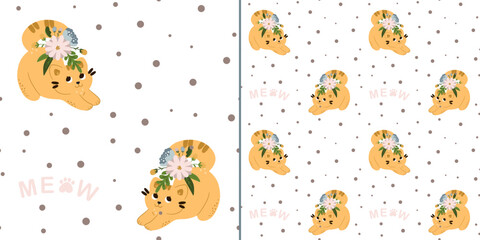 Seamless pattern with cute cats in flowers on a white background. Children's texture in scandinavian style for fabric, textile, clothing, nursery decoration. Vector illustration