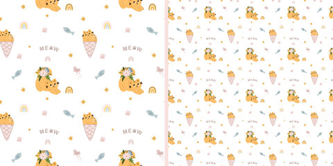 Seamless pattern with cute cats in flowers and ice cream on a white background. Children's texture in scandinavian style for fabric, textile, clothing, nursery decoration. Vector illustration