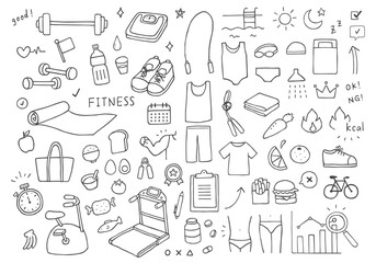フィットネスにまつわる手描きイラストセット（モノクロ）