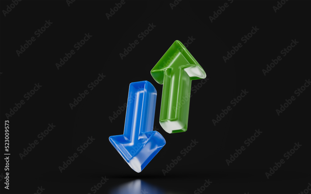 Sticker download upload arrow sign glass morphism on dark background 3d render concept for data transfer