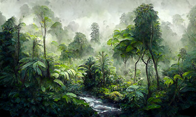 rainforest,  jungle, lush vegetation, digital art, background - obrazy, fototapety, plakaty