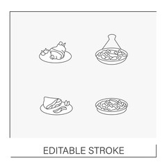 National dishes line icons set. Parma ham, pork knuckle, tagine, paella.Traditional cuisine recipes and ingredients for restaurants. Food concepts. Isolated vector illustrations. Editable stroke