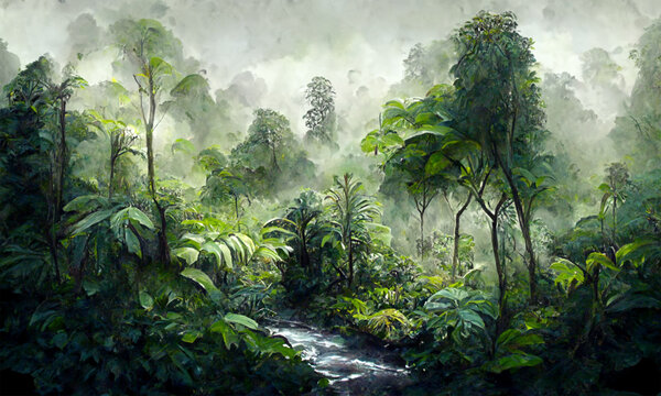 rainforest,  jungle, lush vegetation, digital art, background