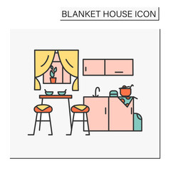 Kitchen color icon. Dining room, kitchen room with table, chairs, plant decoration and served tea. House interior and furniture.Blanket house concept. Isolated vector illustration