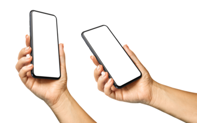 Woman's hand holding the black smartphone with a transparent blank screen isolated transparent background - PNG format - easy replacement of background and device screen
