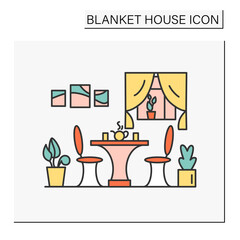 Modern kitchen color icon. Stylish dining room, kitchen room with table, chairs, plant decoration and decor elements.Blanket house concept. Isolated vector illustration