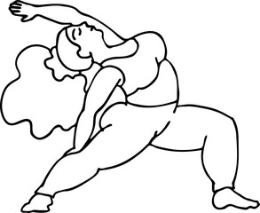 Curvy plus size woman has yoga class and make relaxation pose to be strong and trains her body. Hand drawn monochrome vector illustration.  Comics cartoon line drawing.