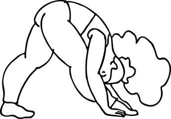 Curvy plus size woman has yoga class and make relaxation pose to be strong and trains her body. Hand drawn monochrome vector illustration.  Comics cartoon line drawing.