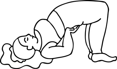 Curvy plus size woman has yoga class and make relaxation pose to be strong and trains her body. Hand drawn monochrome vector illustration.  Comics cartoon line drawing.