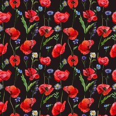 Fototapeta premium red poppies flowers seamless pattern 