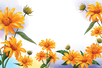 background of flowers of yellow Heliopsis, sunflower against the background of the watercolor sky illustration