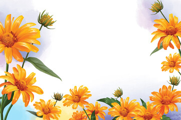 wallpaper flowers yellow heliopsis, sunflower against the background of the watercolor sky illustration