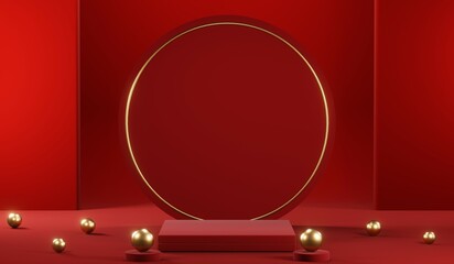 3D rendering of blank product background for cream cosmetics Modern red podium background