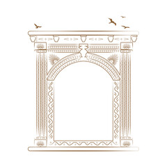 Jharokha vector illustration. Window architecture illustration. Jharokha with Birds illustration. Line art arch illustration. Flying Birds illustration. Rajasthani Jharokha vector.