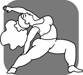 Curvy plus size woman has yoga class and make relaxation pose to be strong and trains her body. Hand drawn monochrome vector illustration.  Comics cartoon line drawing.