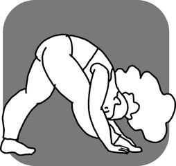 Curvy plus size woman has yoga class and make relaxation pose to be strong and trains her body. Hand drawn monochrome vector illustration.  Comics cartoon line drawing.