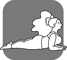 Curvy plus size woman has yoga class and make relaxation pose to be strong and trains her body. Hand drawn monochrome vector illustration.  Comics cartoon line drawing.