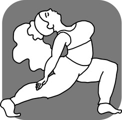 Curvy plus size woman has yoga class and make relaxation pose to be strong and trains her body. Hand drawn monochrome vector illustration.  Comics cartoon line drawing.