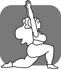 Curvy plus size woman has yoga class and make relaxation pose to be strong and trains her body. Hand drawn monochrome vector illustration.  Comics cartoon line drawing.