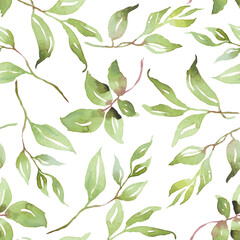 Green leaves seamless patterns. Watercolor illustration