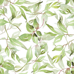 Green leaves seamless patterns. Watercolor illustration