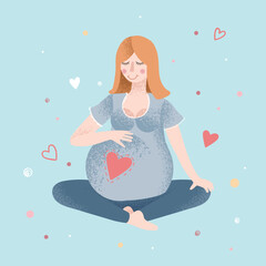 A ginger lady practices yoga in a childbirth preparation course. Vector illustration for advertising and web materials