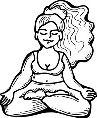 Fototapeta na wymiar Curvy plus size woman has yoga class and make relaxation pose to be strong and trains her body. Hand drawn monochrome vector illustration. Comics cartoon line drawing.