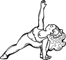 Curvy plus size woman has yoga class and make relaxation pose to be strong and trains her body. Hand drawn monochrome vector illustration.  Comics cartoon line drawing.