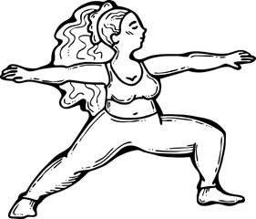Curvy plus size woman has yoga class and make relaxation pose to be strong and trains her body. Hand drawn monochrome vector illustration.  Comics cartoon line drawing.