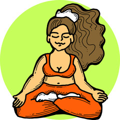 Curvy plus size woman has yoga class and make relaxation pose to be strong and trains her body. Hand drawn colorful retro vintage vector  illustration. Comics cartoon old style drawing.