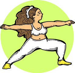 Curvy plus size woman has yoga class and make relaxation pose to be strong and trains her body. Hand drawn colorful retro vintage vector  illustration. Comics cartoon old style drawing.