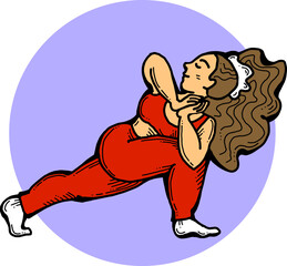 Curvy plus size woman has yoga class and make relaxation pose to be strong and trains her body. Hand drawn colorful retro vintage vector  illustration. Comics cartoon old style drawing.