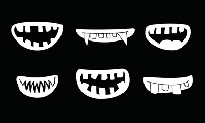 Set of scary smile masks. Collection of different types of smiling faces with teeth. Line art. Creepy mouth masks. Halloween masks. Vector illustration for children. 