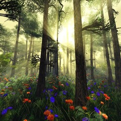 Fototapeta premium Beautiful forest in the morning in the rays of the rising sun, sunset in the forest, forest in the morning in the fog, blooming glade in the forest, 3d rendering