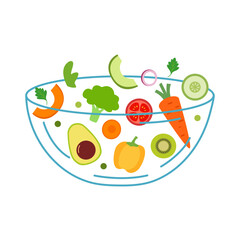 Glass bowl with vegetables in flat design on white background. Salad meal.