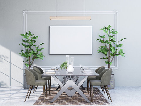 mock up poster frame in modern interior fully furnished rooms background, dining room,
