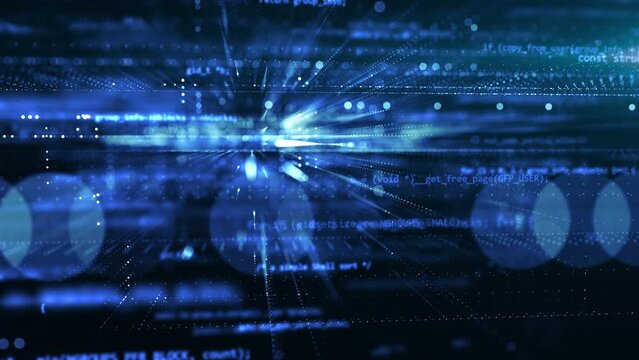 3D programming code abstract technology background of software developer and computer script. Running hud text. Security or hacking. Modern hi-tech software development and blockchain concept