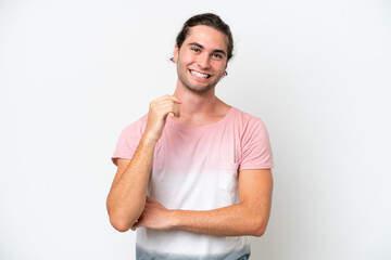 Fototapeta premium Caucasian handsome man isolated on white background laughing